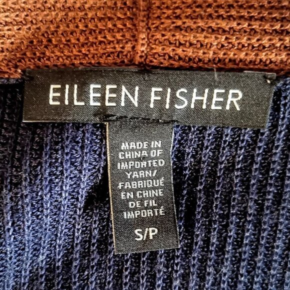 Eileen Fisher Navy Blue Brown Tencel Lyocell Silk Long Open Cardigan - Picture 4 of 5